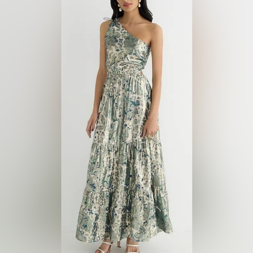 J Crew Collection Lured One Shoulder Silk Dress Cutout In Floral Lurex Size 2